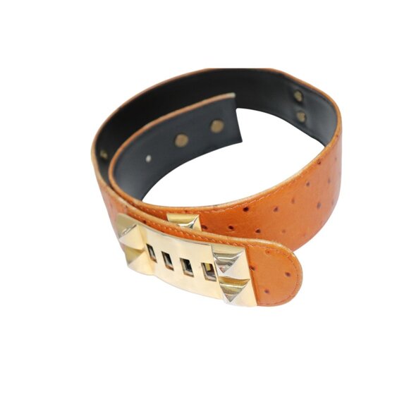 Vintage FRANCE Tan Leather Ostrich Belt Gold Pyramid Stud Buckle Small - Picture 5 of 5